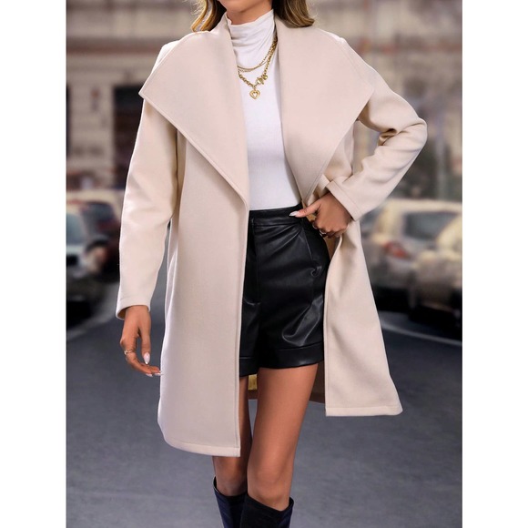 cream fold over Waterfall Collar Belted Overcoat peacoat pea coat - Picture 3 of 6